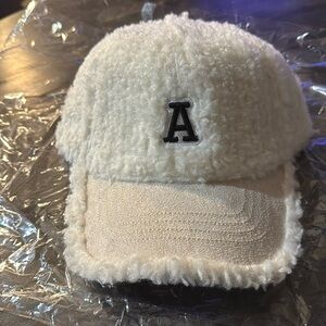 Sherpa Alphabet “A” Embroidered Winter Baseball Cap - Faux Fur, Trendy (Ivory)